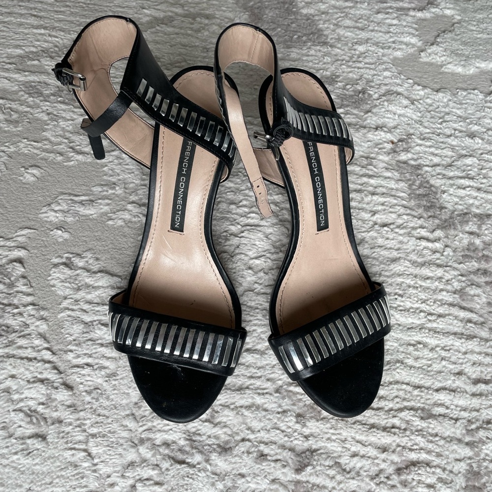 French Connection Black Sandals with Silver Accent Strips
